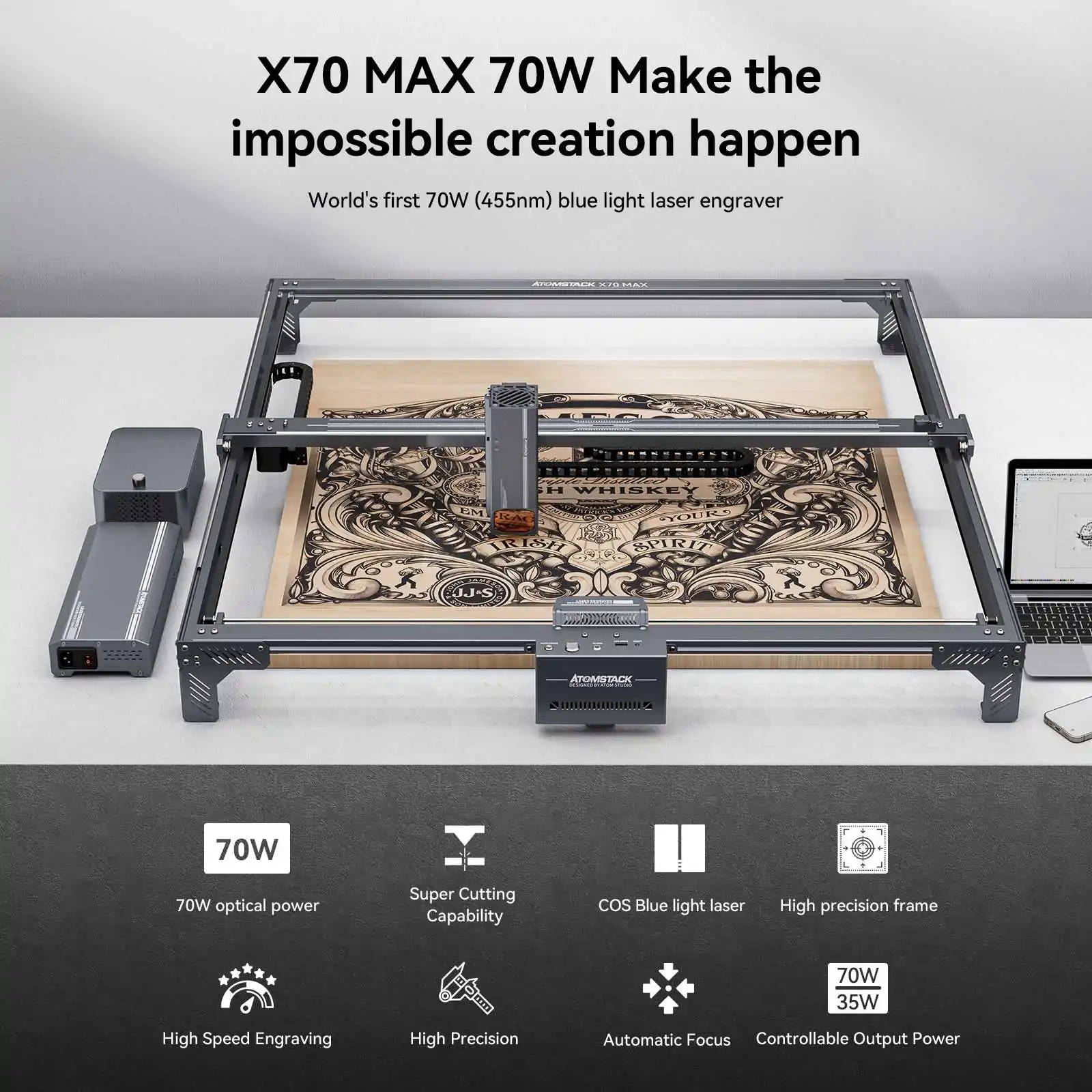 Atomstack X70 Max /A70 MAX 360W Laser Engraver With F60 Air Assist Kit 850*800MM Large Area 35w/70w Dual Laser Engraving Machines