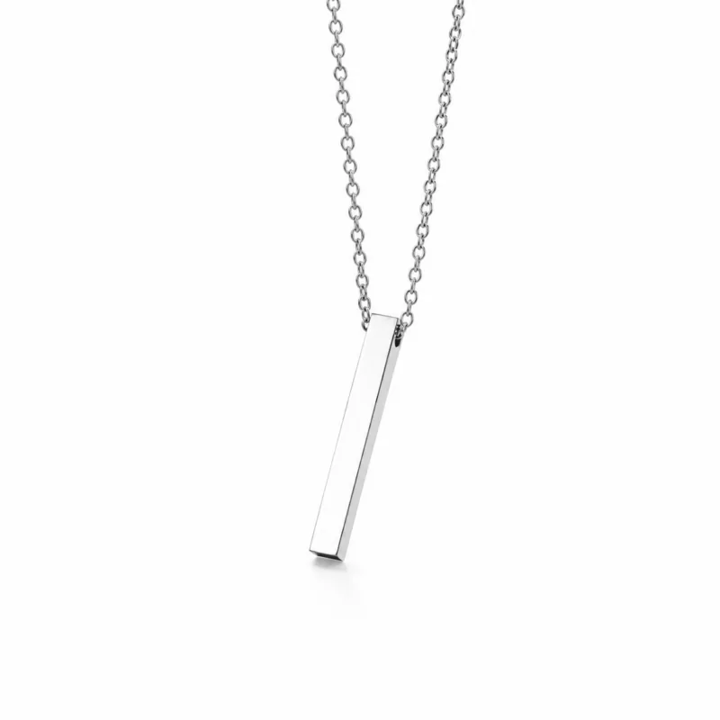 Minimal stainless steel vertical bar pendant necklace with polished silver finish for custom engraving and personalized jewelry.