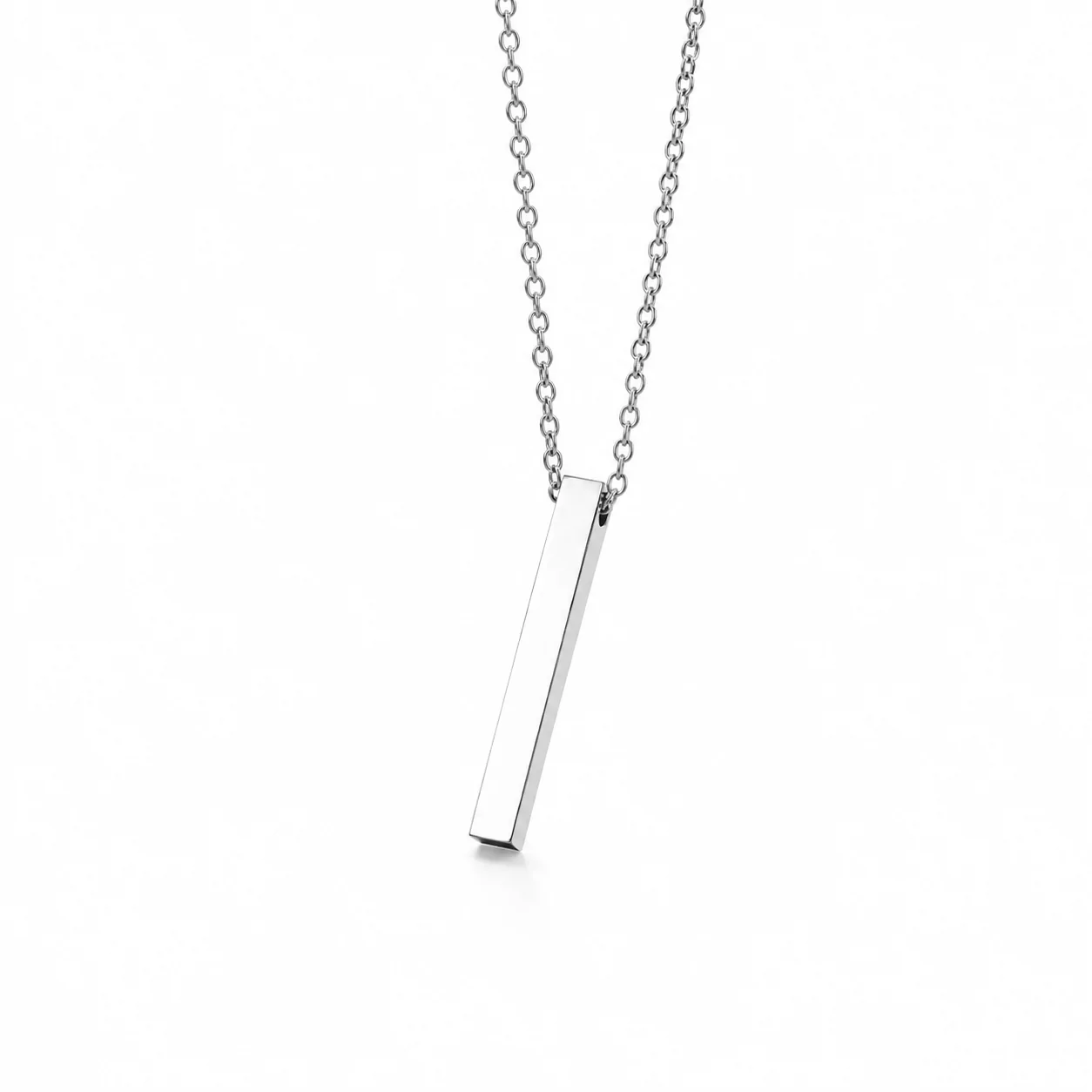 Minimal stainless steel vertical bar pendant necklace with polished silver finish for custom engraving and personalized jewelry.