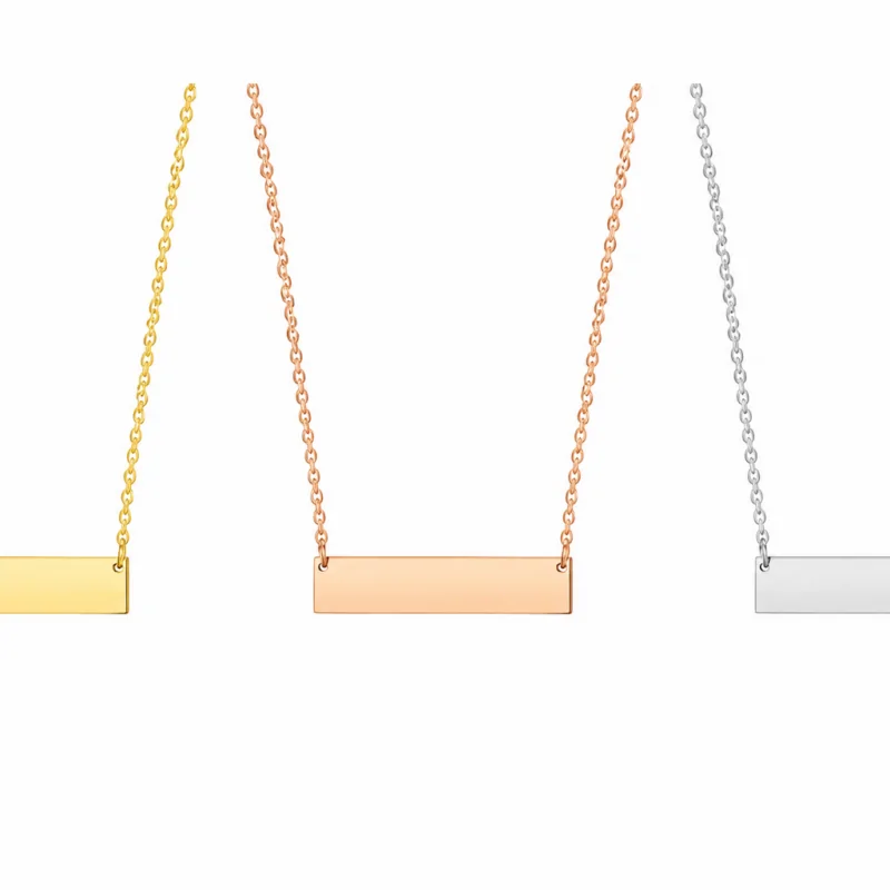 Custom stainless steel blank bar pendant necklace available in gold, rose gold, and silver finish for engraving and personalization.