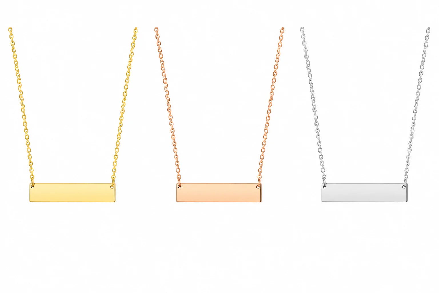 Custom stainless steel blank bar pendant necklace available in gold, rose gold, and silver finish for engraving and personalization.