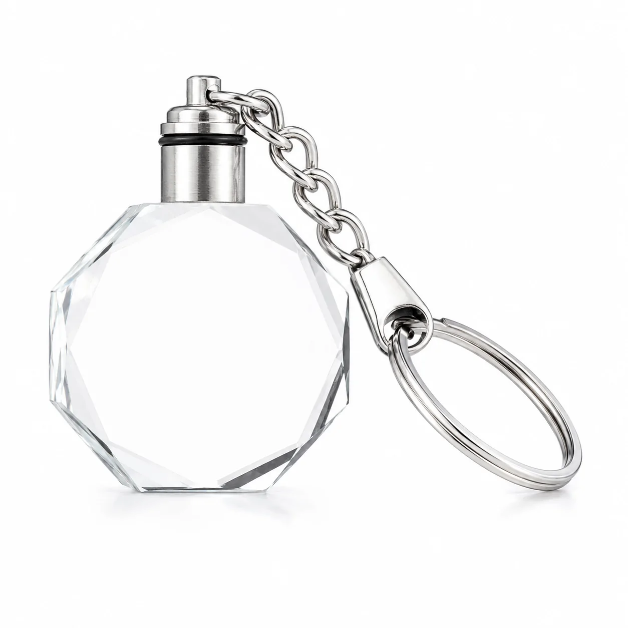 Round crystal keychain with silver metal ring for laser engraving and personalized gifts.