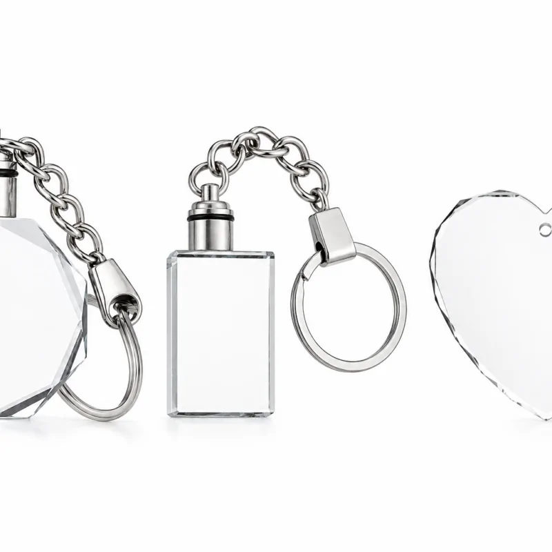 Three crystal keychains with silver metal rings on a white background, including octagon, rectangle, and heart shapes.