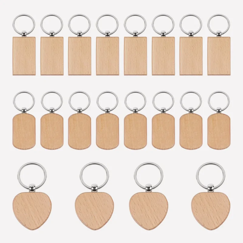 Mixed Shape Wooden Keychain Set - 20 Pieces