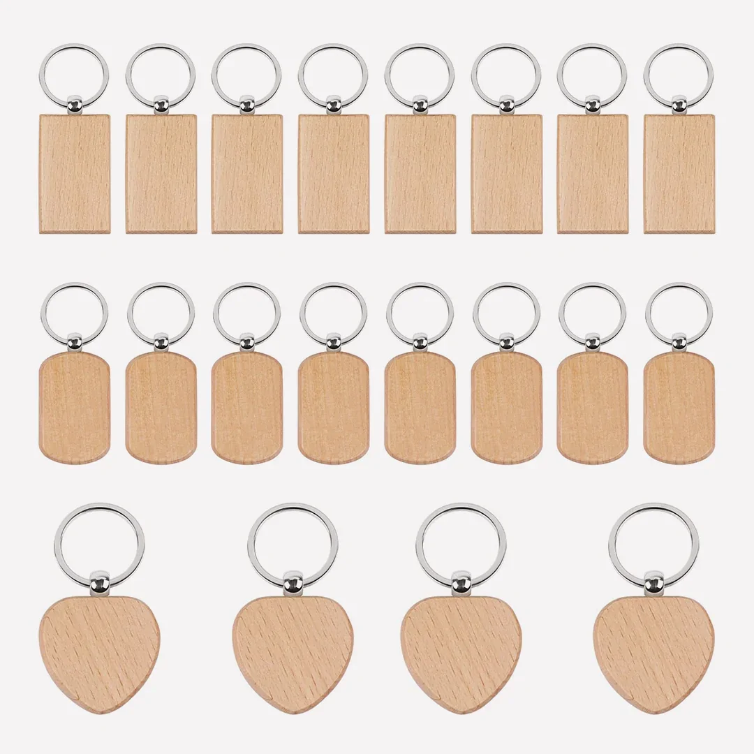 Mixed Shape Wooden Keychain Set - 20 Pieces