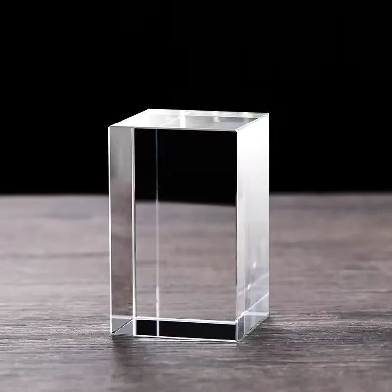 Premium transparent rectangle crystal block for laser engraving and photo customization. Title: