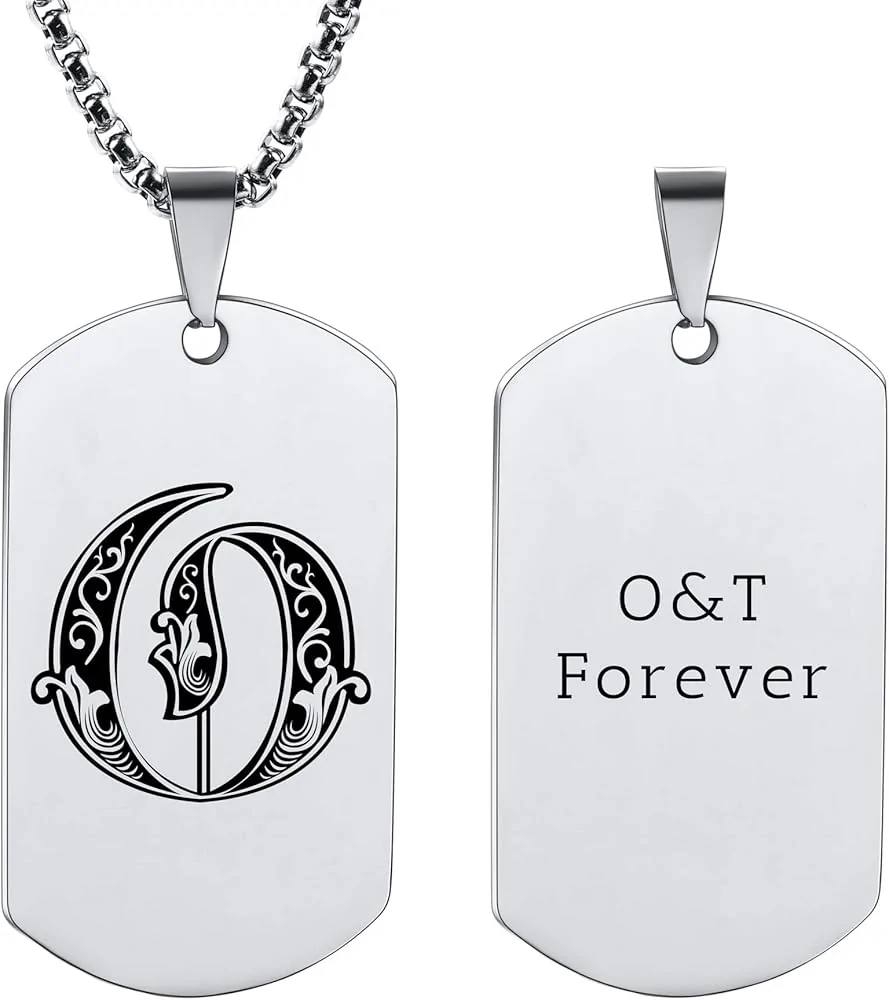 Custom stainless steel dog tag pendant necklace with engraved Forever text and decorative front design for personalized gifts.