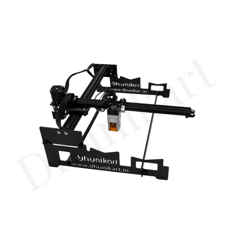 Cricket bat engraving machine with precision laser module and adjustable frame by Dhunikart on white background.