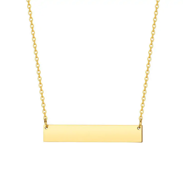 Gold plated stainless steel horizontal bar pendant necklace for custom engraving and personalized jewelry.