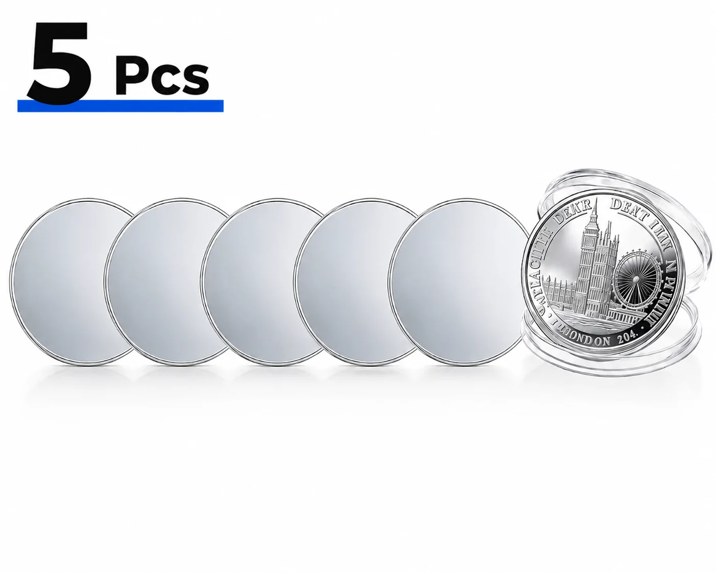 Premium 5 PCS silver and rose gold blank engraving coins with engraved sample commemorative coin and protective capsule for laser engraving projects.