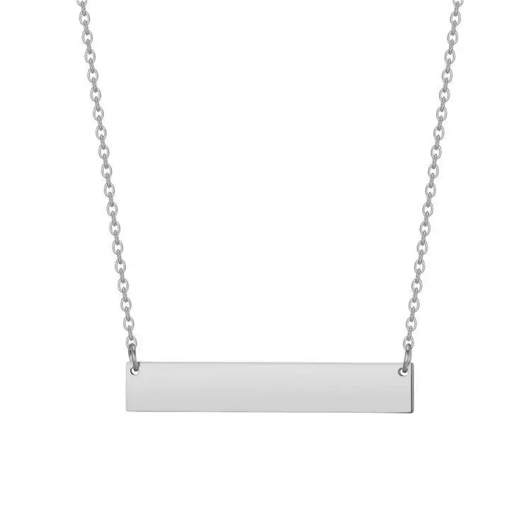 Silver stainless steel horizontal bar pendant necklace for custom engraving and personalized jewelry gifts.