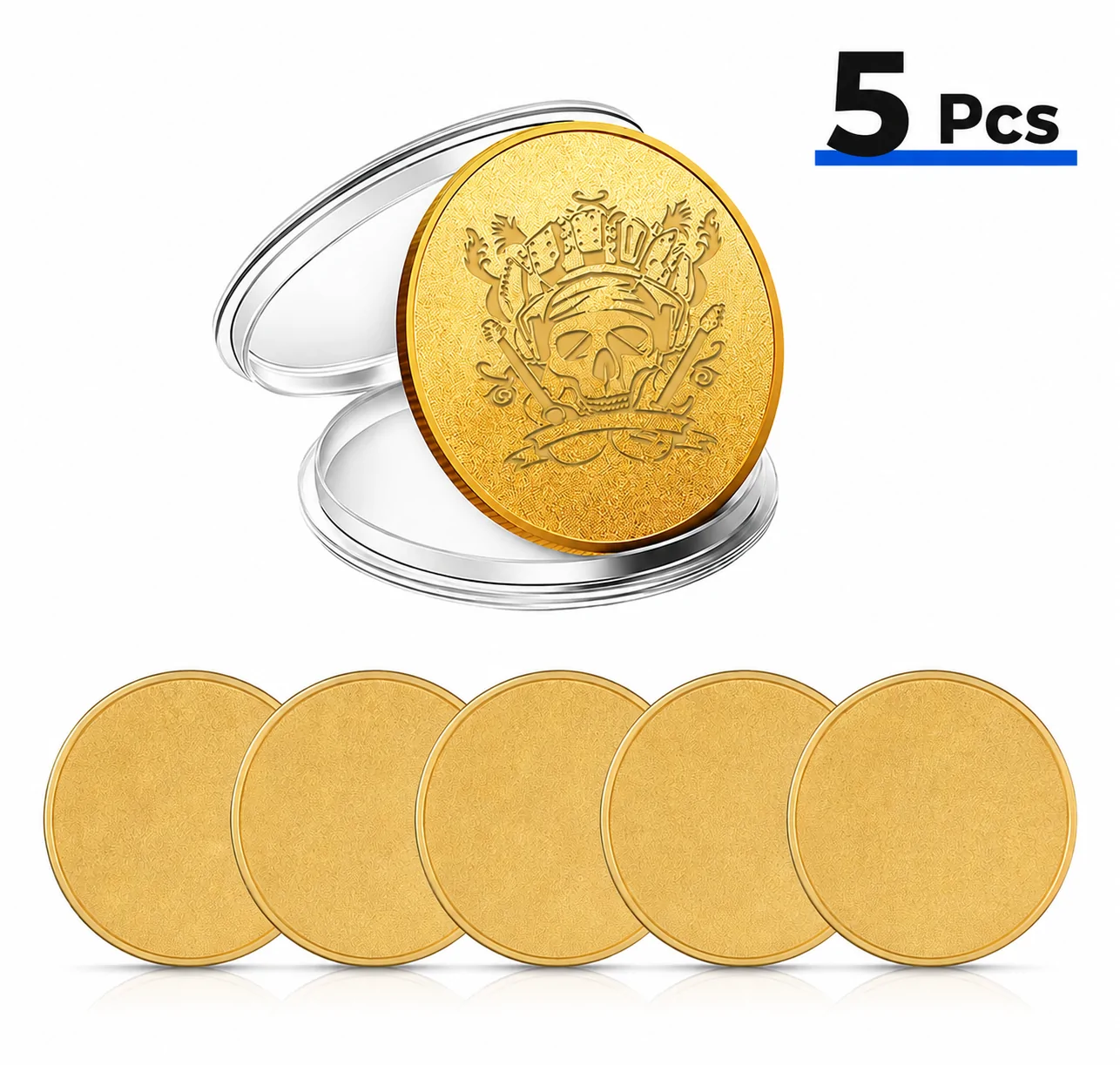 5 PCS blank gold commemorative coins with engraved sample coin and protective capsule for laser engraving and custom challenge coin projects.