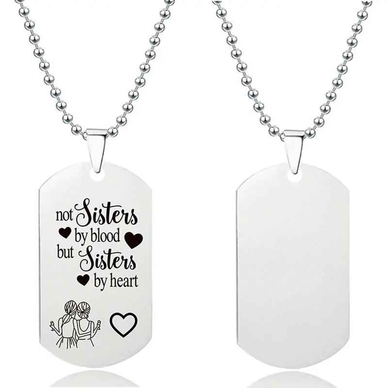 Custom engraved stainless steel dog tag pendant necklace with inspirational quote design and polished silver finish.