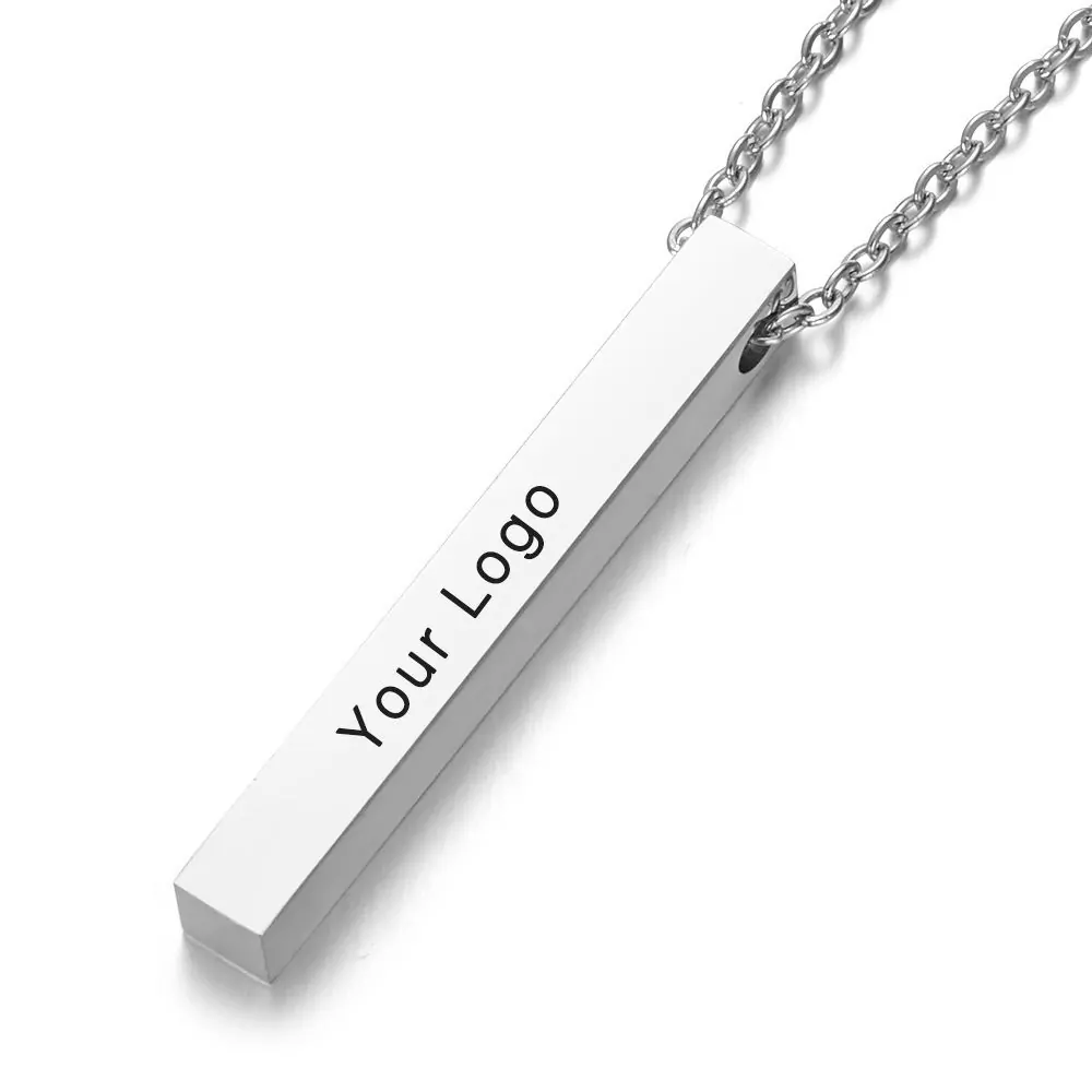 Custom engraved stainless steel vertical bar pendant necklace with polished silver finish and personalized text engraving.