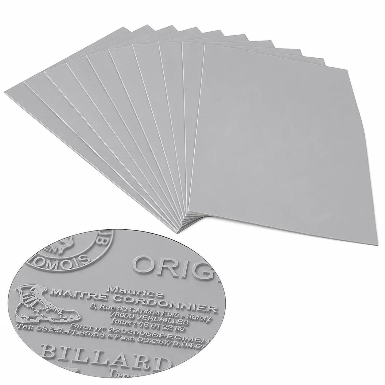 Laser engraving rubber stamp sheet showing detailed engraving quality and embossing results on gray laser rubber material.
