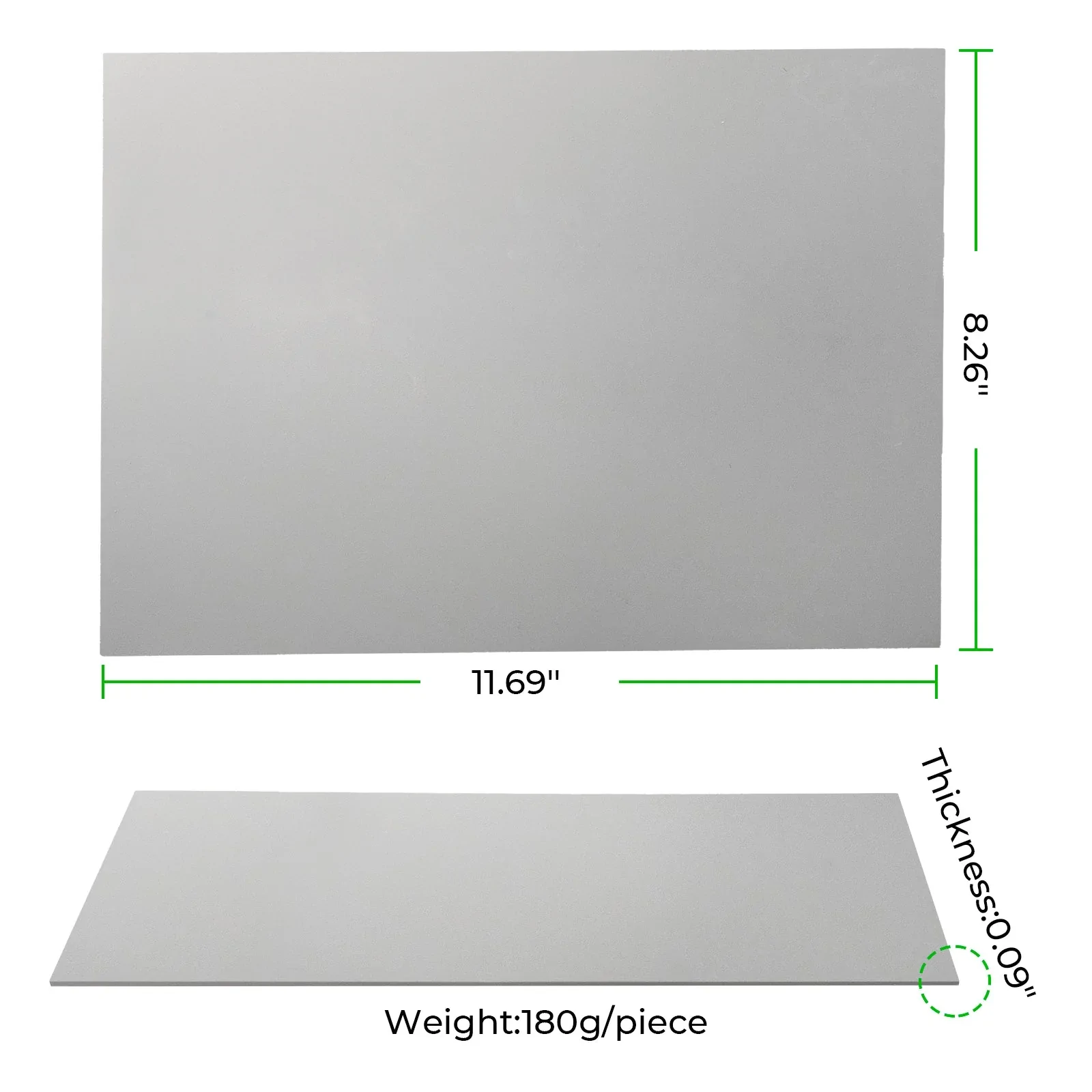 Light gray laser engravable rubber stamp sheet with dimensions for custom stamp making and laser engraving.