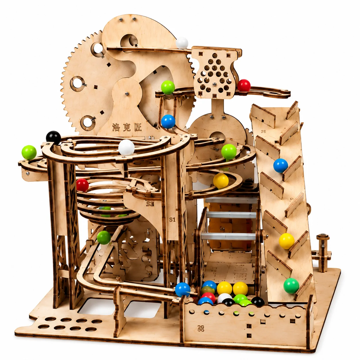 3D Gear Wheel Marble Run Puzzle front angle view laser cut wooden DIY mechanical model