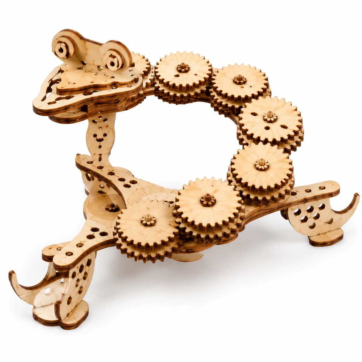 Side view of Mechanical Gecko 3D Wooden Puzzle DIY laser-cut wooden model with interlocking gears