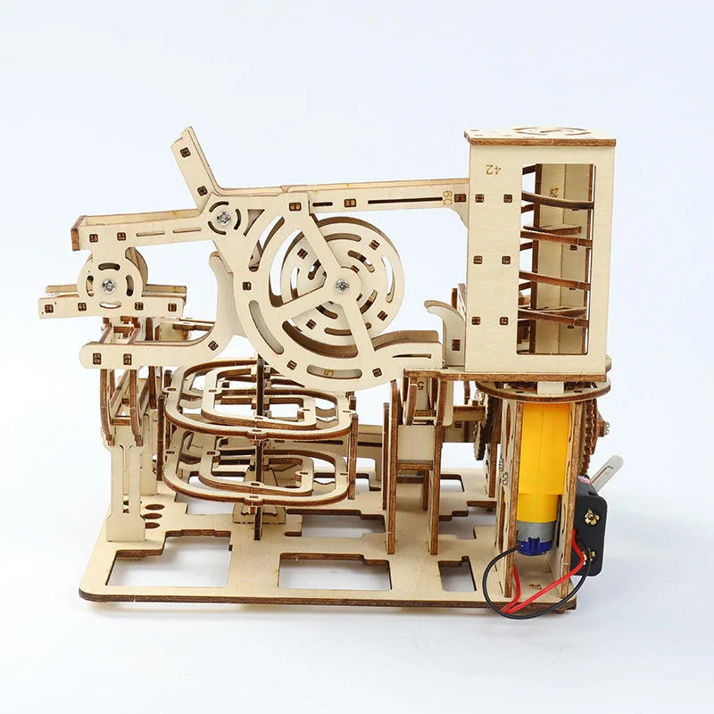 Wooden Marble Run 3D Puzzle Kit side view with mechanical ball track