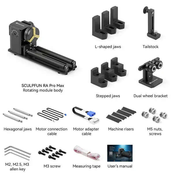 SCULPFUN RA Pro Max 4-in-1 rotary attachment complete kit with accessories and mounting hardware