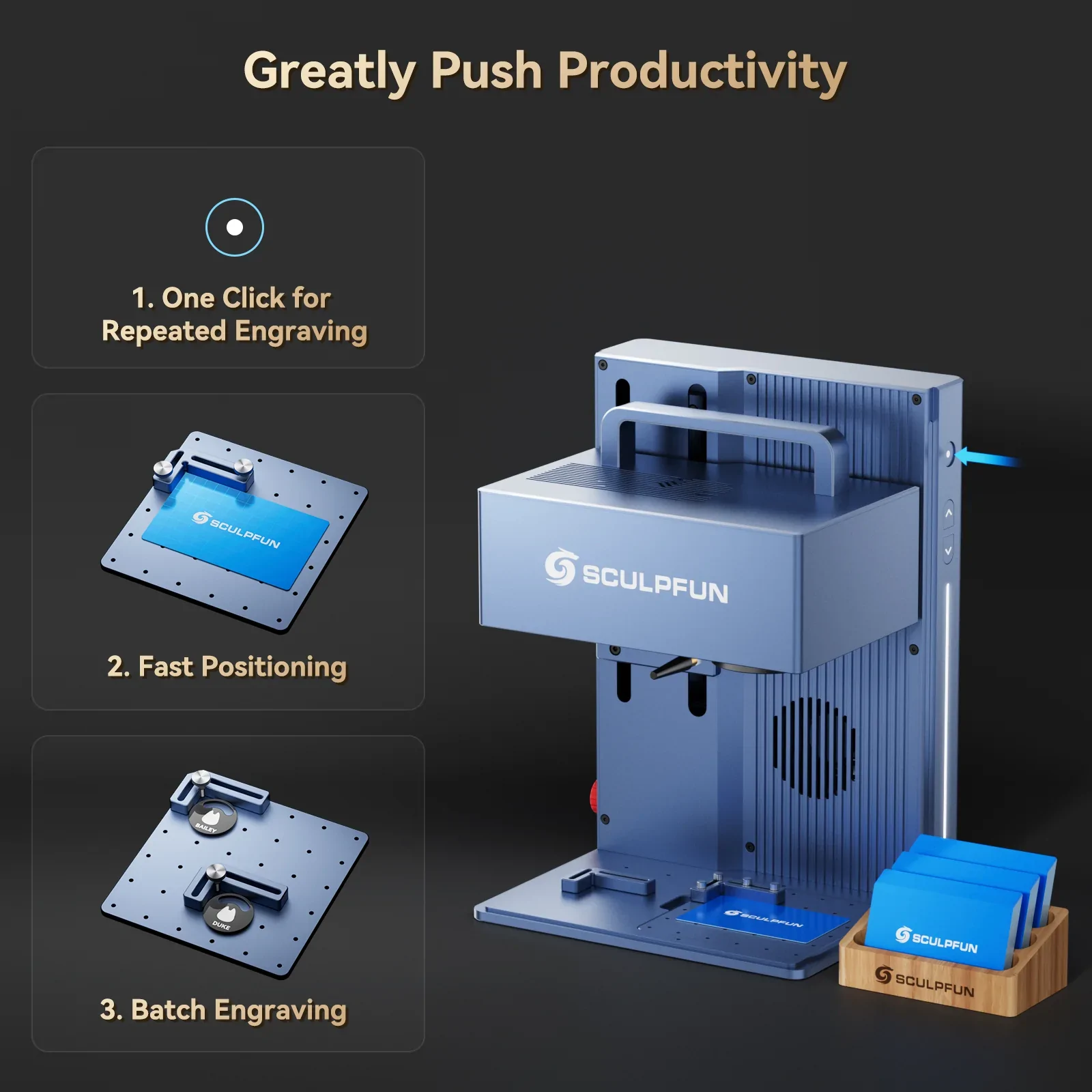 SCULPFUN G9 portable laser engraver with electric lifting, dual laser system, and batch engraving