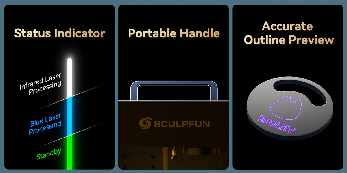 SCULPFUN G9 laser engraver status indicator, portable handle, and precision outline preview