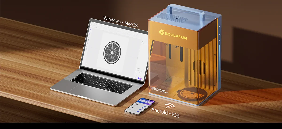 SCULPFUN G9 Portable Laser Engraver with laptop and engraving accessories
