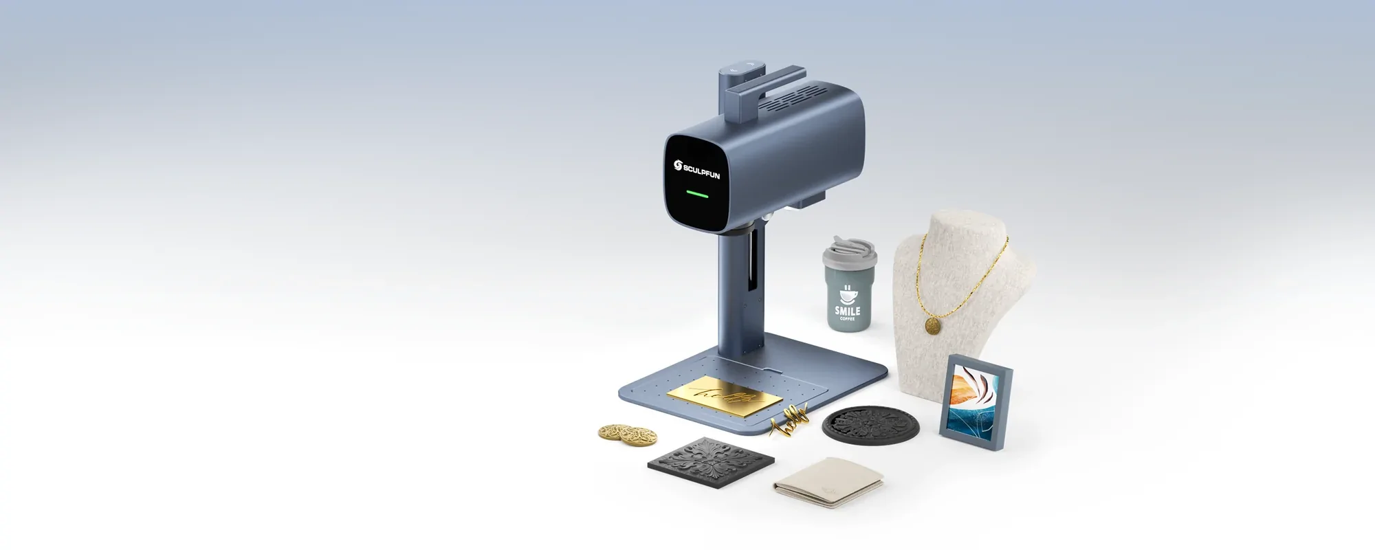 SCULPFUN G20 20W Galvo Fiber Laser Engraver with Rotary Attachment and Metal Engraving Samples