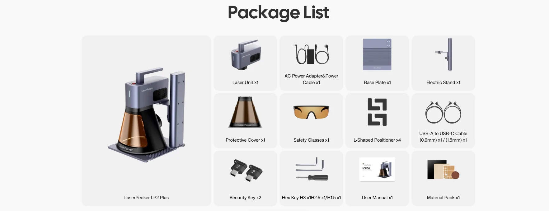 LaserPecker LP2 package contents and included laser engraving accessories