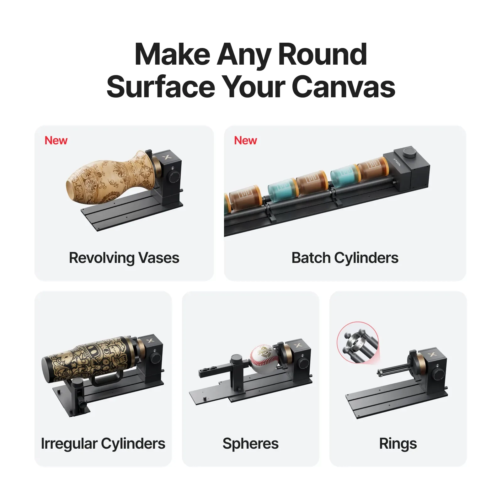 xTool RA3 Lite Intelligent Rotary Supported Engraving Modes for xTool M2 Including Roller, Chuck, Sphere and Ring Rotary