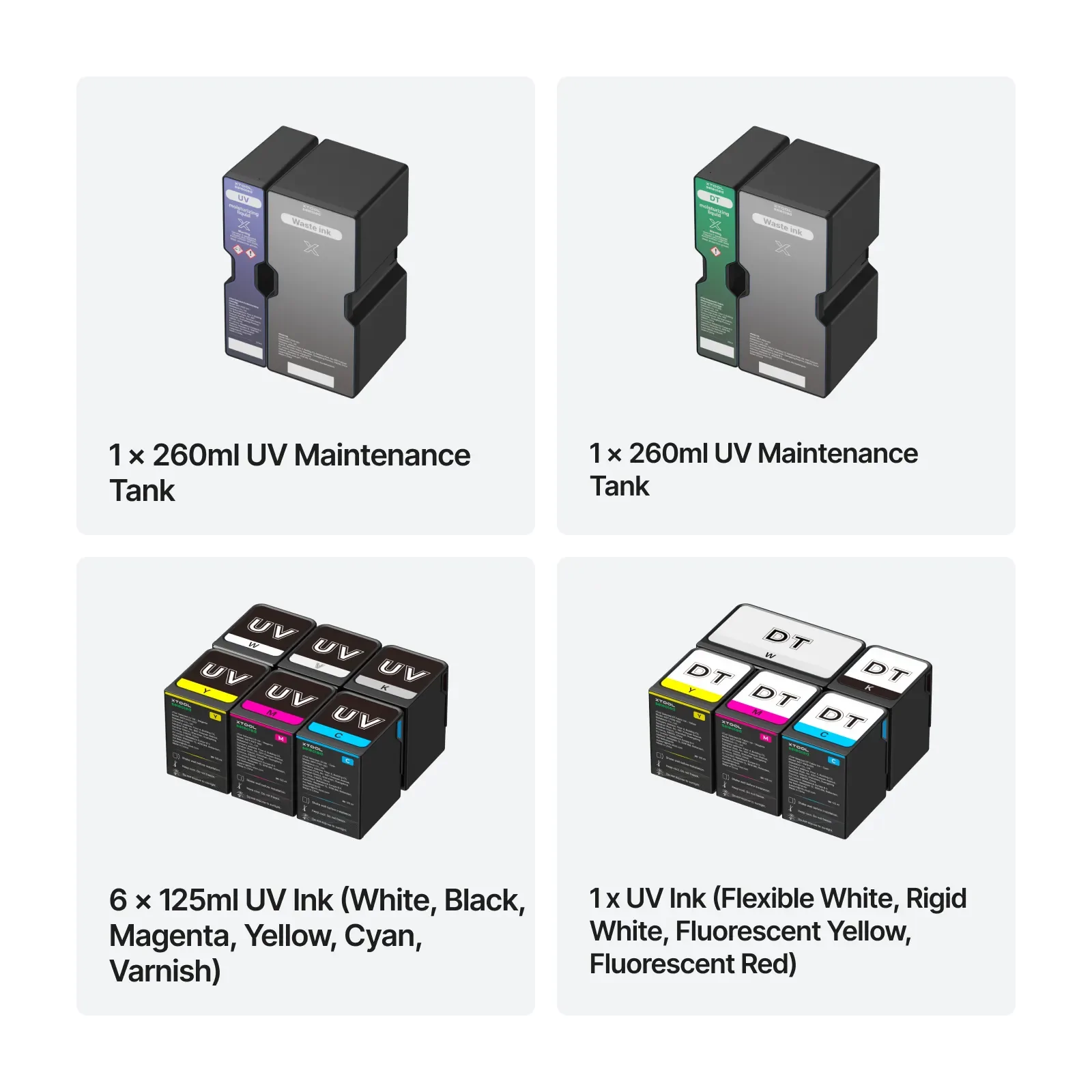 xTool UV Ink Essential Set for O1 Omni Printer – White, Black, Magenta, Yellow, Cyan and Varnish