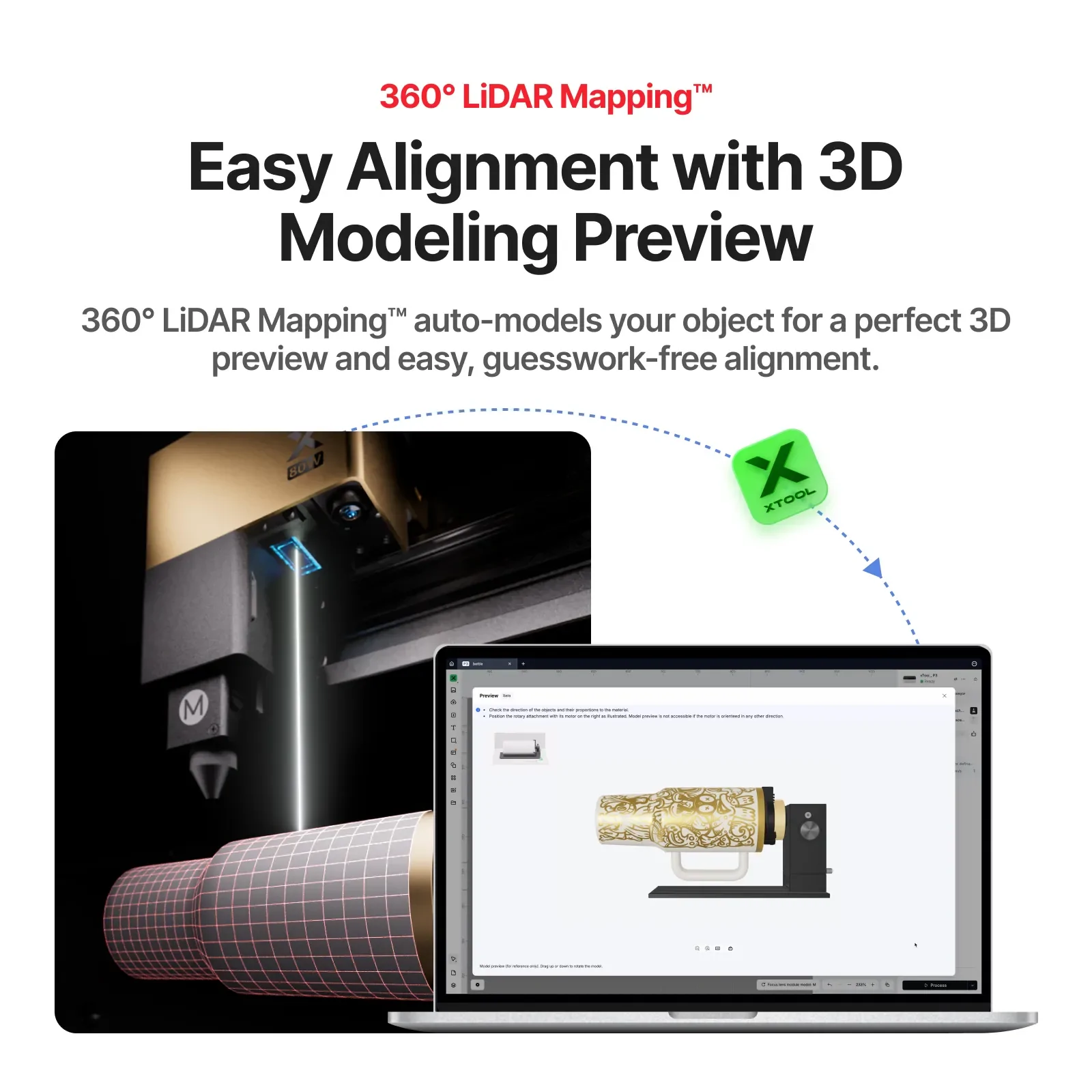 xTool RA3 Lite Intelligent Rotary with 360° LiDAR Mapping for Accurate 3D Modeling Preview on xTool M2