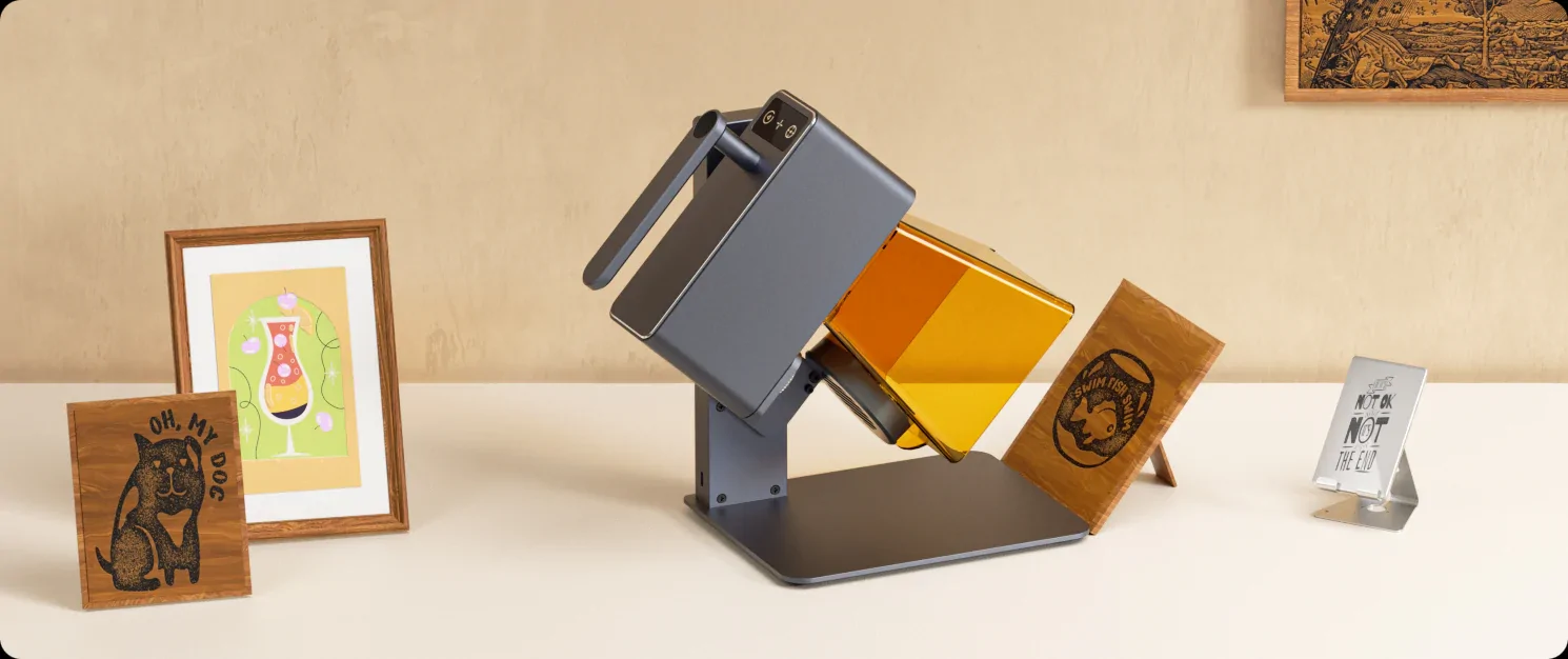 LaserPecker LP2 5W portable laser engraver with protective cover and electric stand