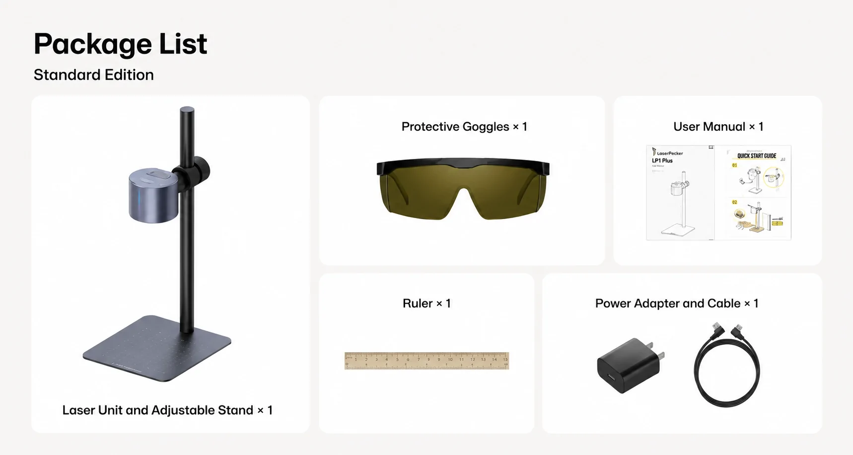 LaserPecker LP1 Plus package contents with adjustable stand, safety goggles, ruler, manual, and power adapter