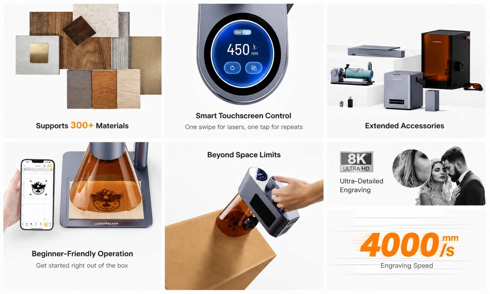 LaserPecker LP4 features including 300 plus materials, touchscreen control, 8K engraving, and 4000 mm/s speed