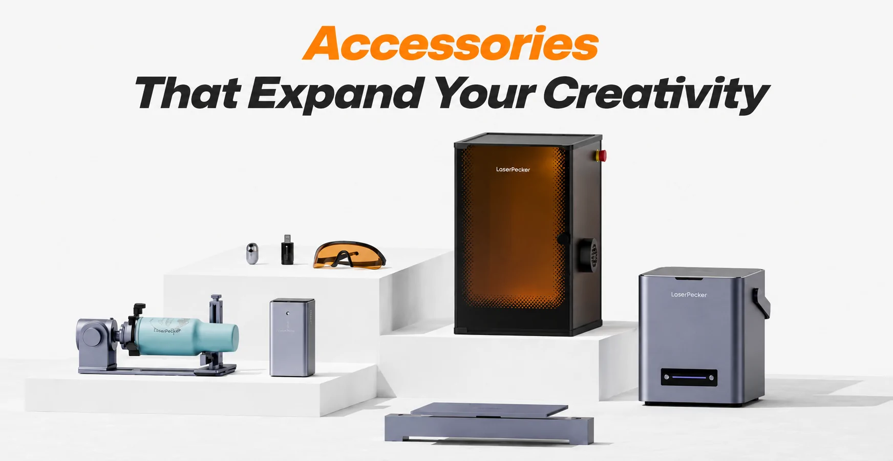LaserPecker laser engraving accessories including rotary attachment, safety enclosure, and engraving equipment