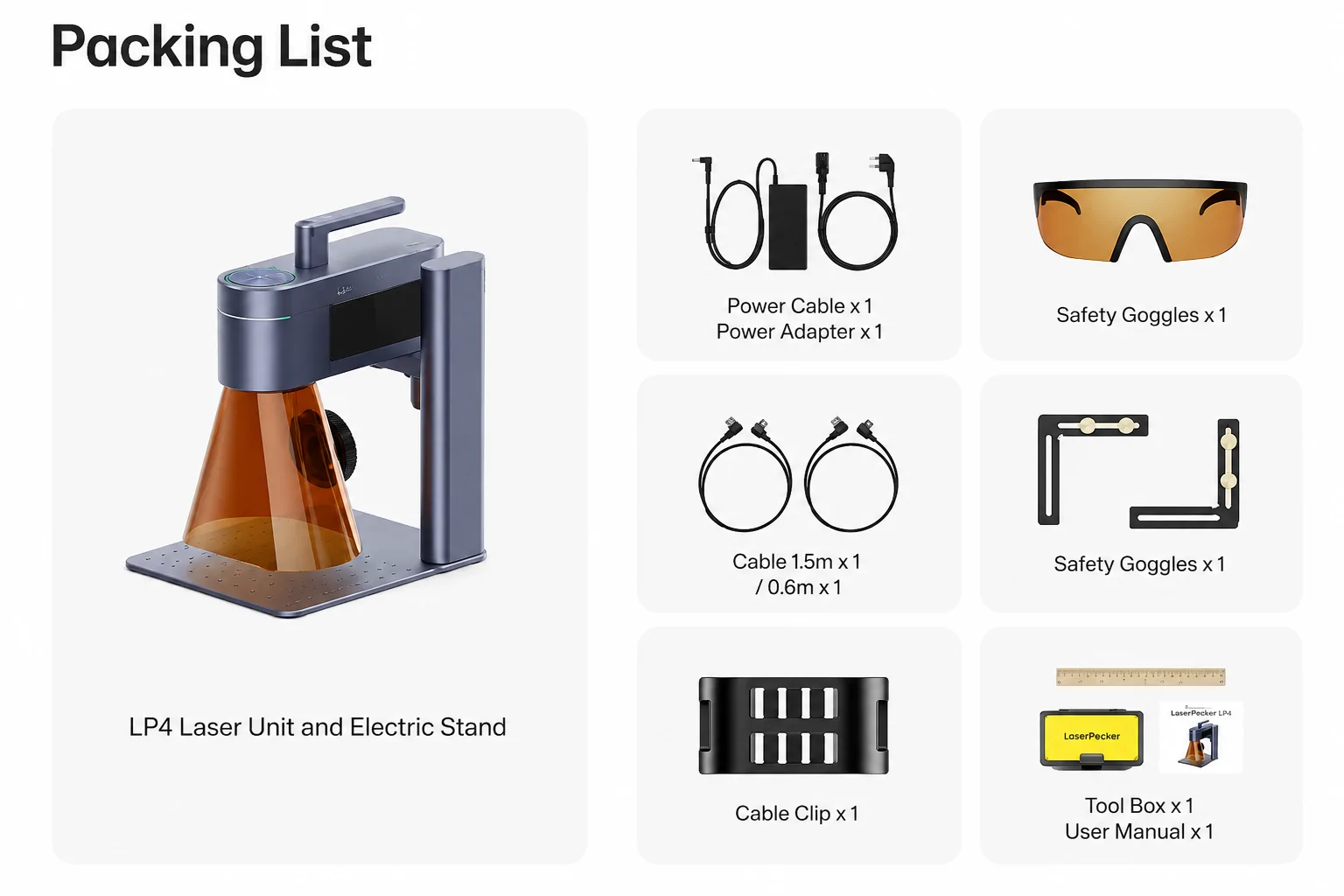 LaserPecker LP4 packing list with laser unit, electric stand, power adapter, safety goggles and accessories