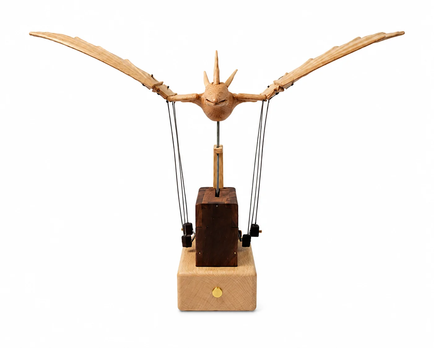 Handmade Wooden Automaton Dragon displayed on a bedside table in a modern bedroom with natural wood finish