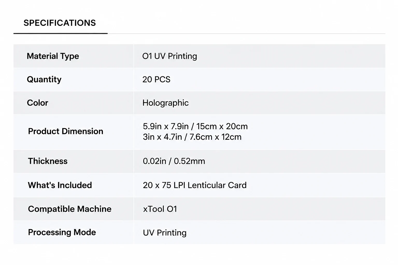 75 LPI Lenticular Card Product Specifications for xTool O1